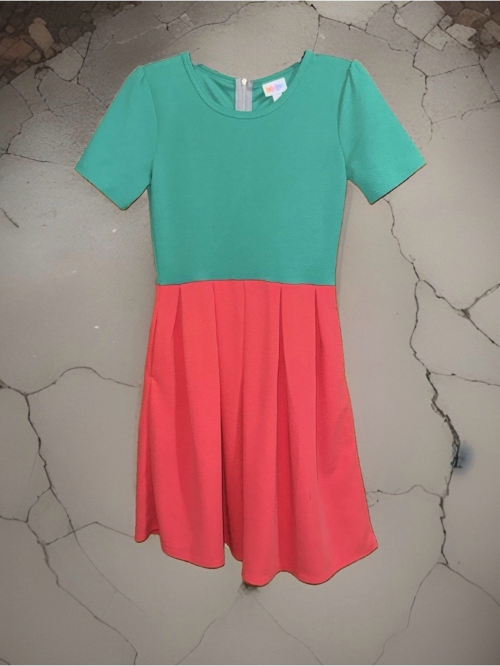 LuLaRoe Colorblock Short Sleeve Dress w/Pockets-Sea foam Green & Coral-S-EC